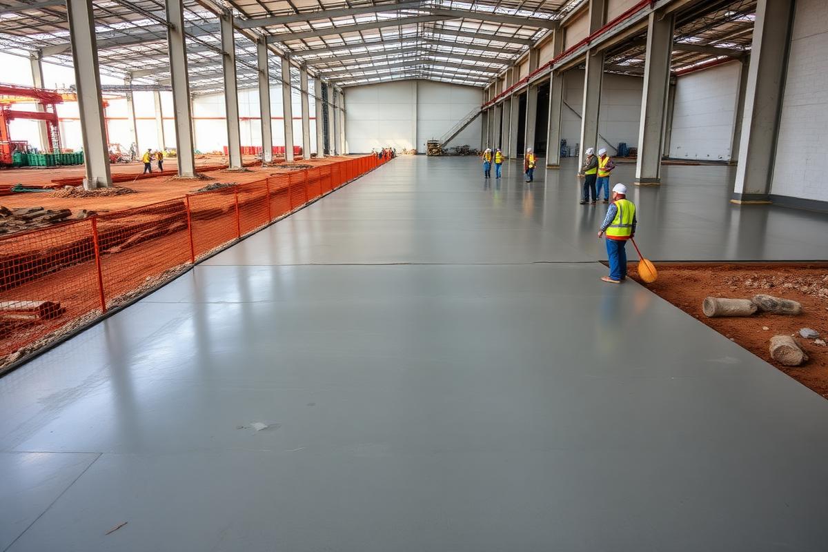 Lantai beton gudang logistik hasil pengecoran readymix K-300 di Fatufia Morowali