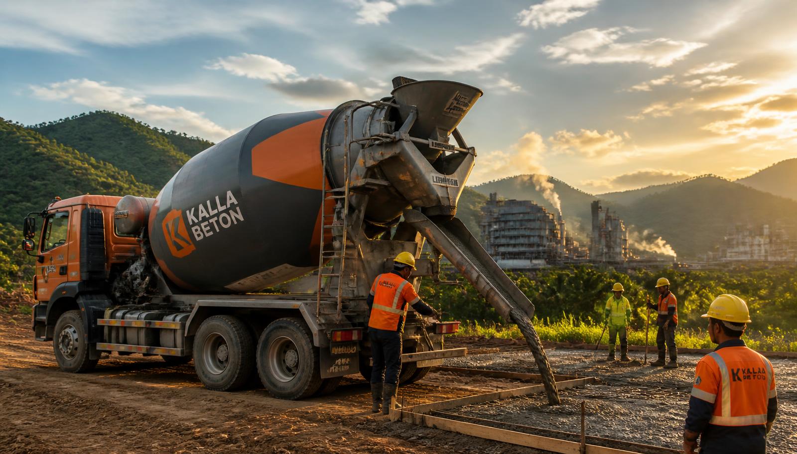 Truck mixer readymix PT Kalla Beton menuang beton cor di proyek Morowali Sulawesi Tengah